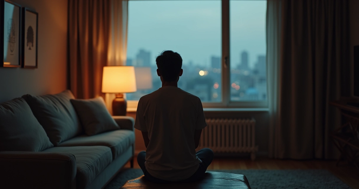 Persona en un sofá mirando al vacío, con luz tenue y expresión pensativa 