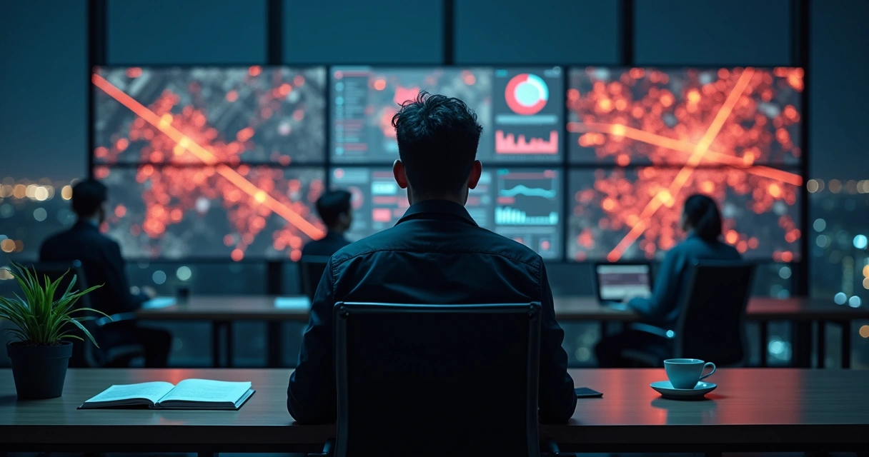 Calm person observing city crisis map in dim control room 