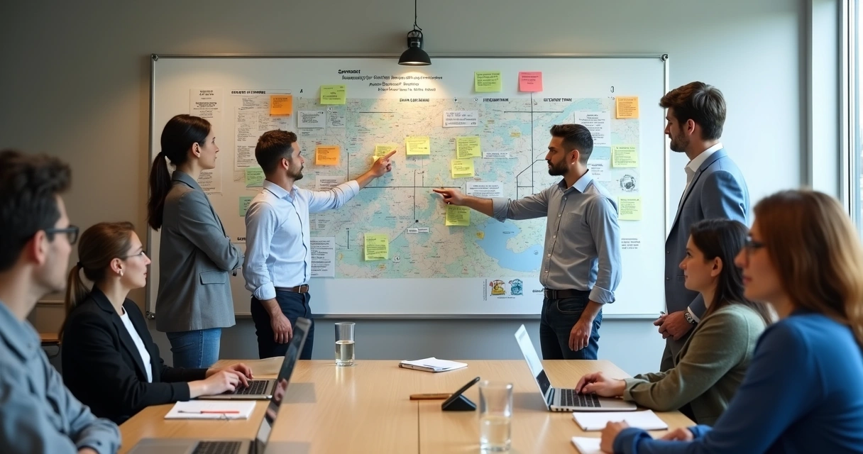 Diverse team mapping crisis response on a wall