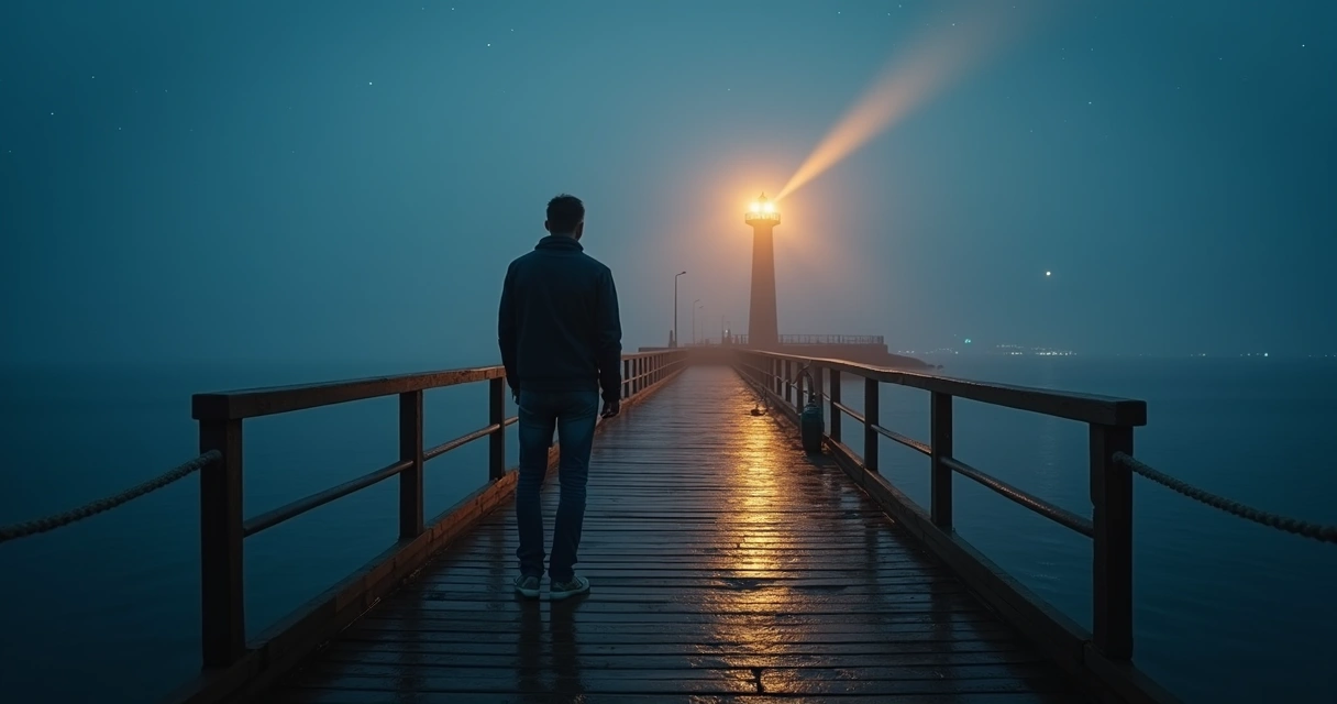 Persona observando un faro iluminado desde un muelle en una noche de niebla 