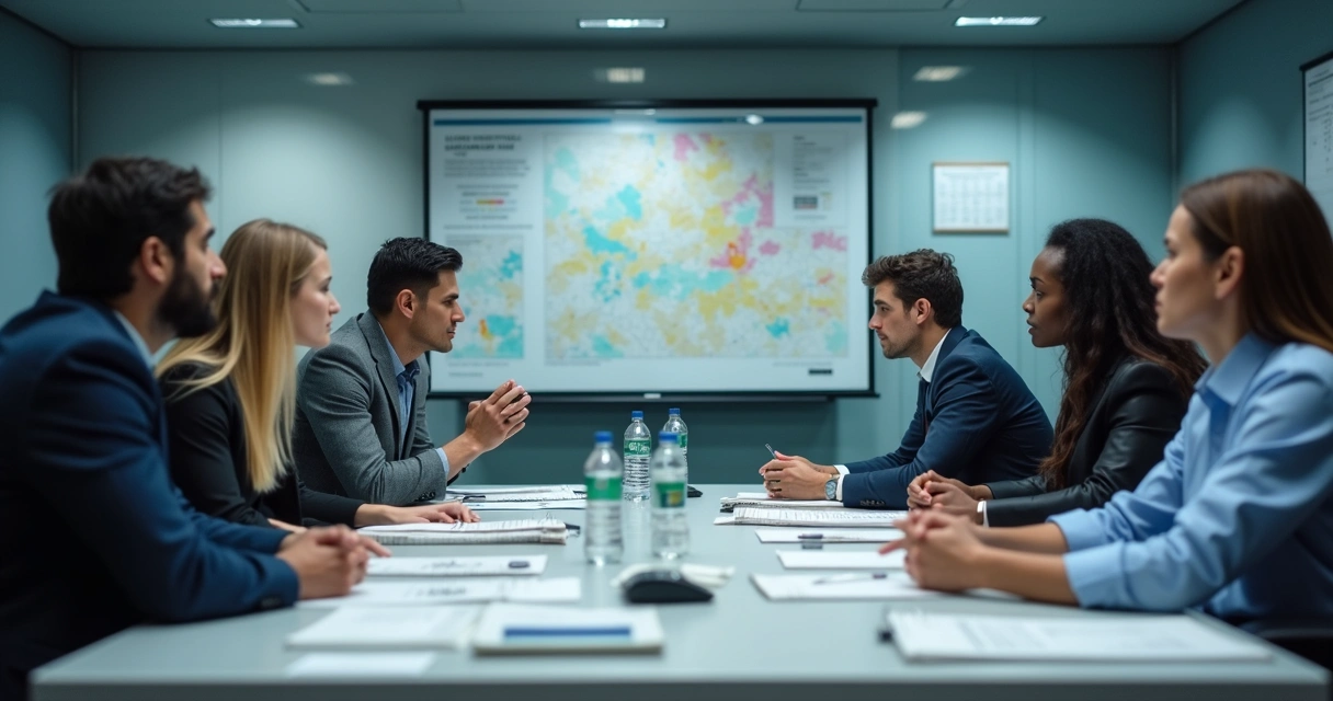 Team in a crisis room reviewing plans and emotional cues