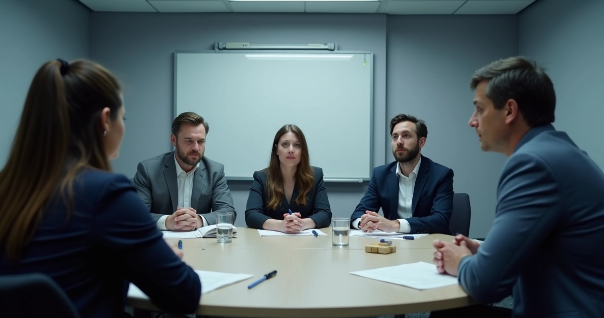 Team in a crisis briefing room pausing before a response 