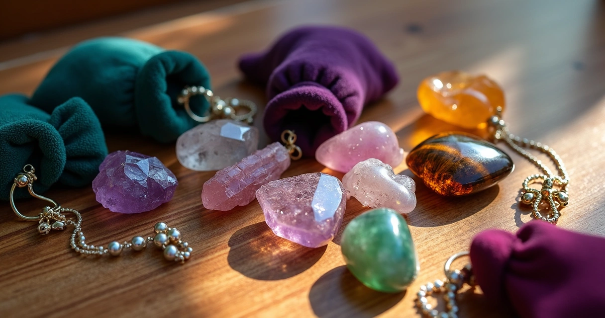 Cristais variados sobre uma mesa colorida de madeira. 