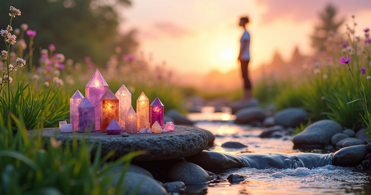 Conjunto de cristais coloridos em um altar de pedra natural ao ar livre, com um céu de entardecer vibrante.