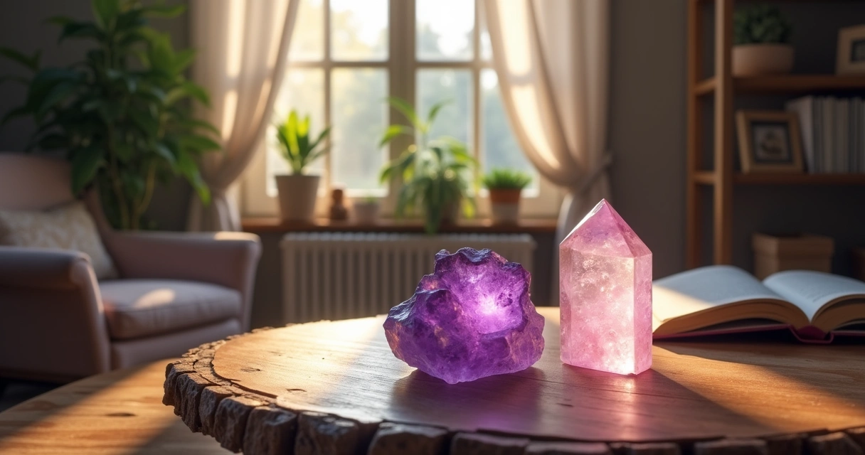 Crystals on a wooden table in a serene room, amethyst and rose quartz radiating soothing light.