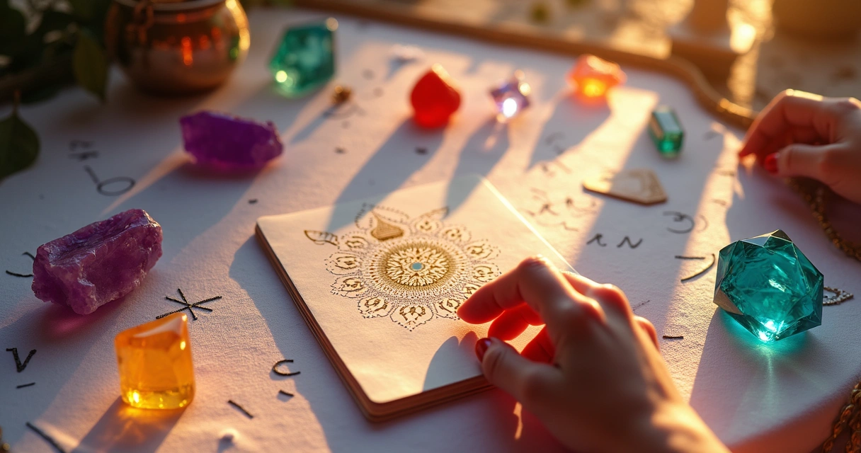 Cristais coloridos e símbolos em mesa radiônica vibrante 