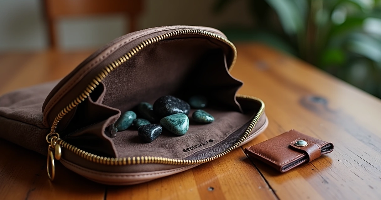 Pedras de proteção, patuá e carteira em uma bolsa aberta. 