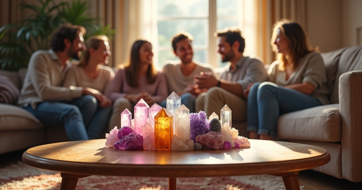 Cristais coloridos em uma mesa de centro em sala de estar com família reunida 