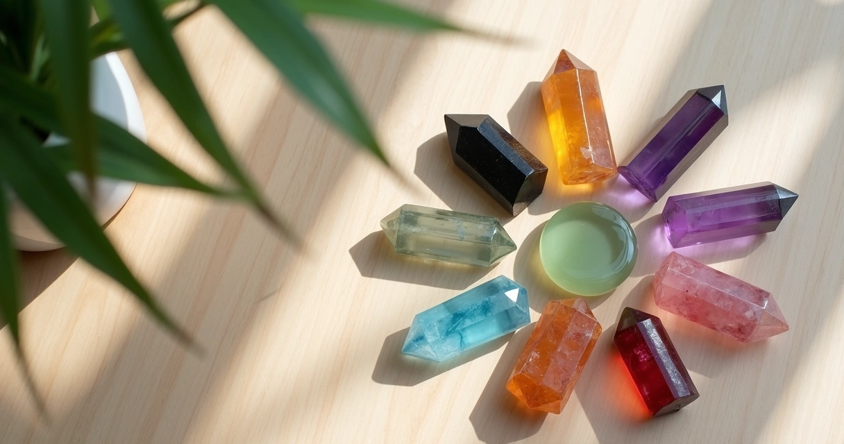 Cristais coloridos variados sobre mesa de madeira clara 