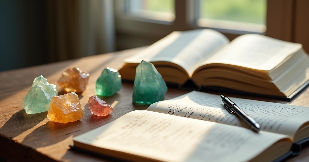 Vários cristais coloridos dispostos sobre uma mesa de madeira ao lado de livros abertos e caderno de anotações