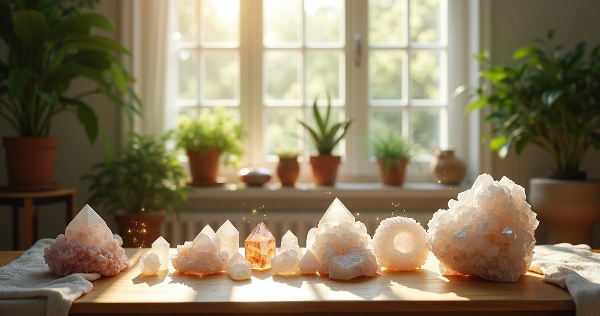 Cristais organizados em ambiente doméstico com luz natural