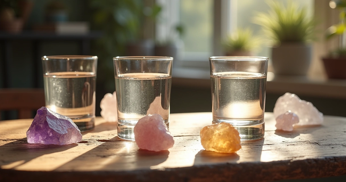 Copos de água com cristais ao redor em uma mesa de madeira