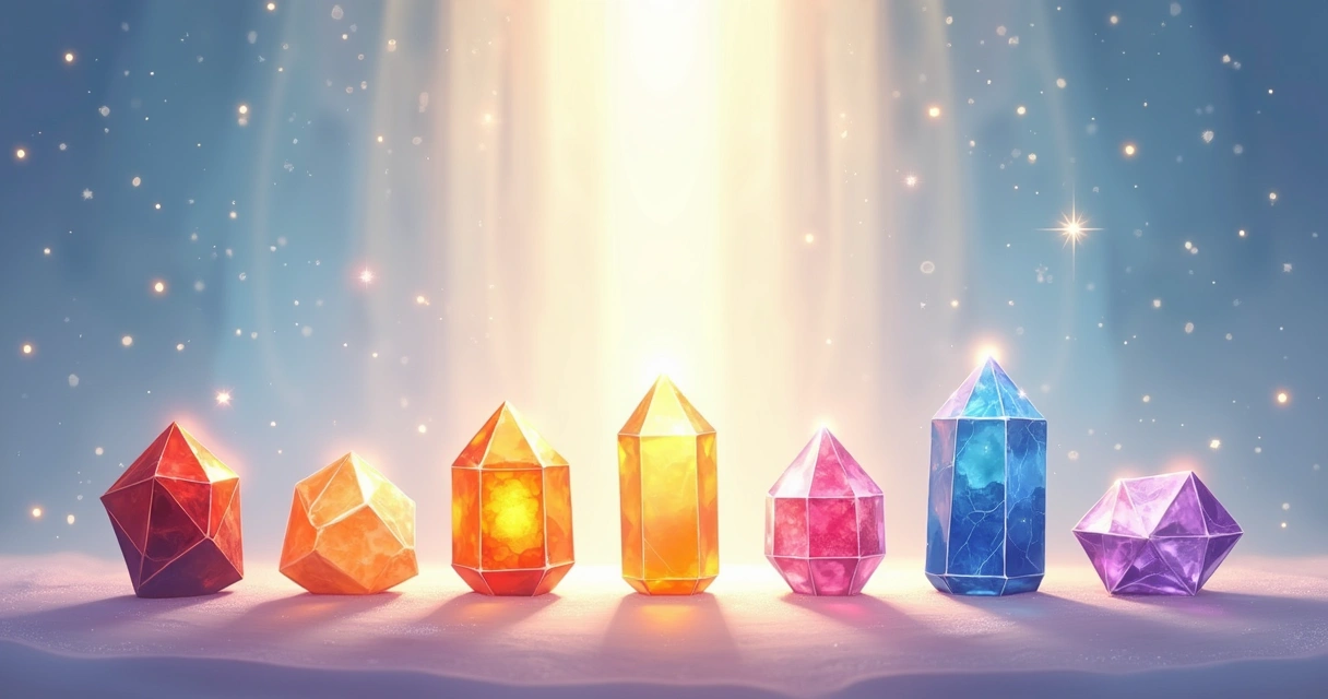 Cenário com sete cristais, cada um representando um chakra, em fundo etéreo com cores suaves e luz radiante.