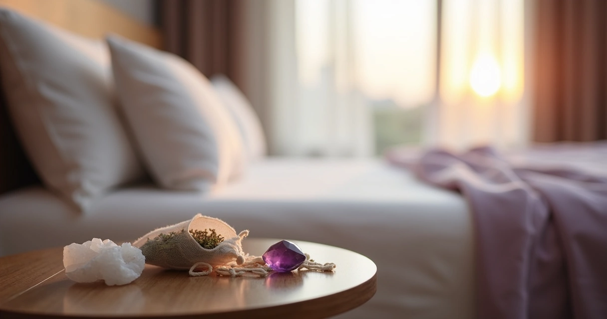 Cristais e sachê em quarto de hotel 