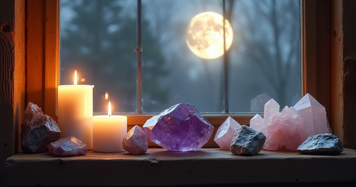 Cristais e velas ao lado de janela com lua cheia ao fundo. 