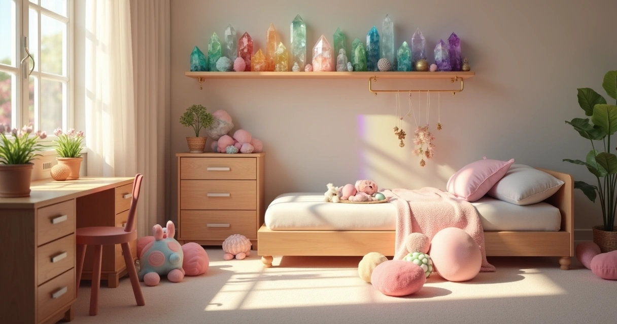 Pedras naturais coloridas em prateleira alta em quarto infantil claro 