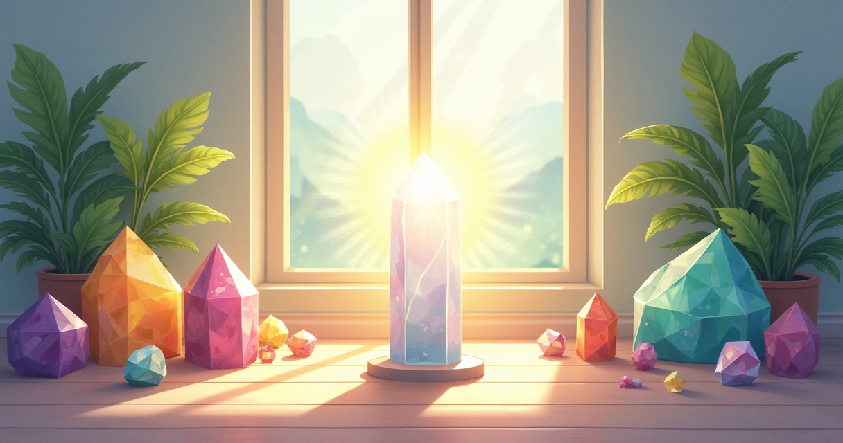 Ilustração mostrando diversos cristais em uma sala iluminada, com reflexos coloridos e plantas ao redor.