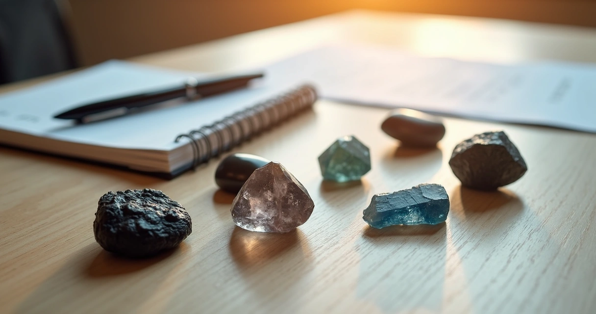 Cristais diversos e elegantes organizados sobre uma mesa de madeira clara 