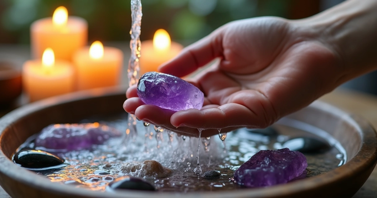 Cristais sendo limpos com água e pedras em um ambiente iluminado com velas 