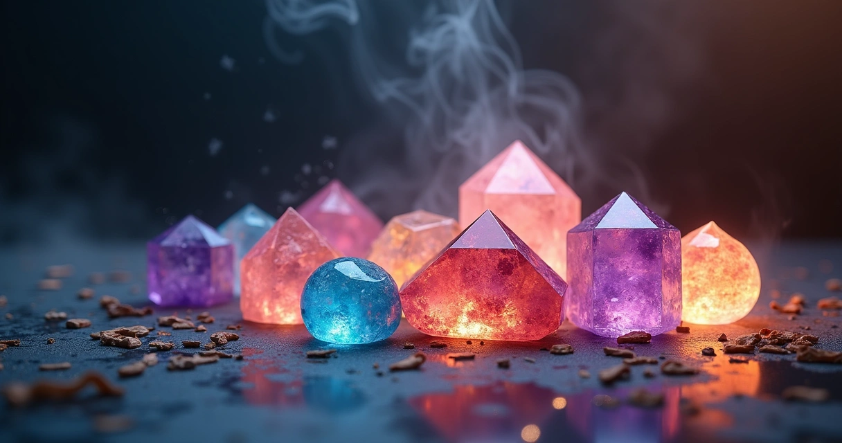 Cristais coloridos refletindo luz em superfície escura