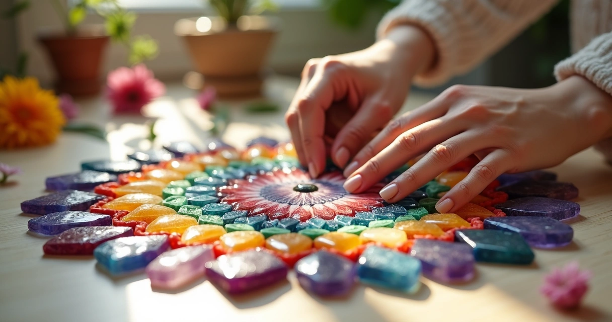 Mãos femininas organizando cristais coloridos em formato de mandala 