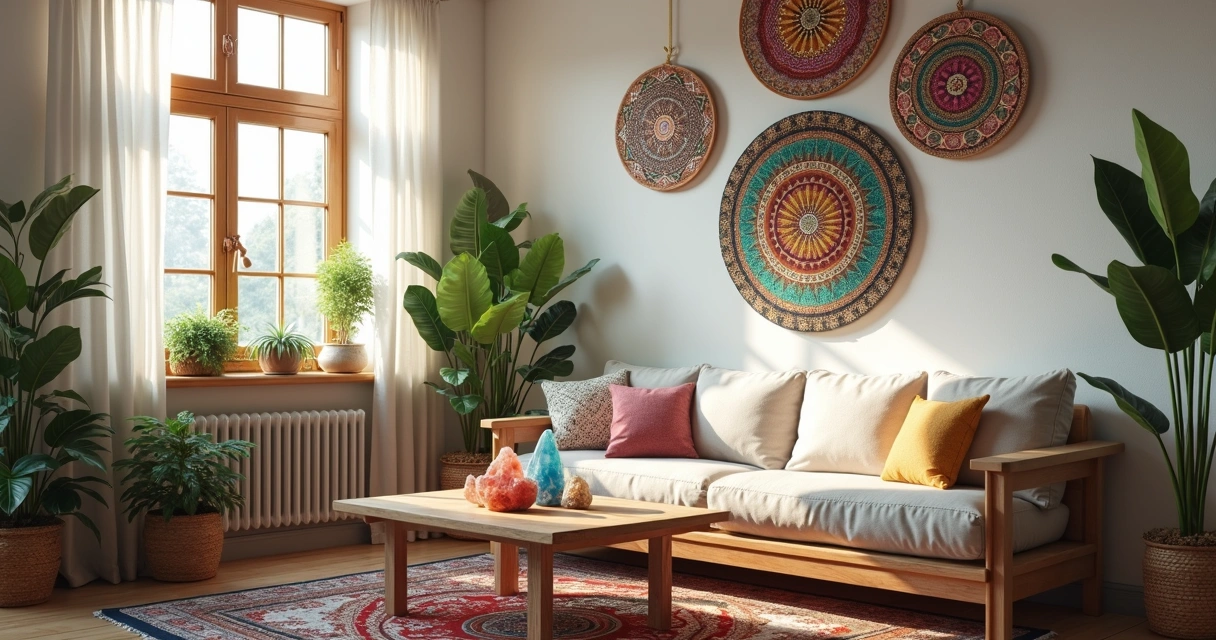 Diversos cristais coloridos e mandalas em sala de estar 