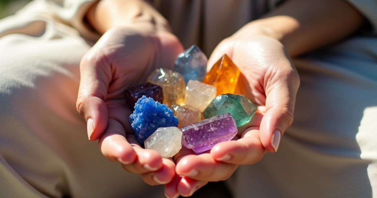 Cristais coloridos nas mãos de uma pessoa sentada 