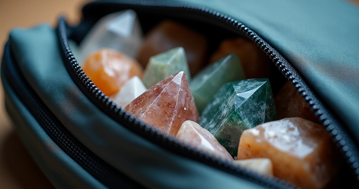 Cristais e pedras energéticas em um bolso de bolsa de viagem 