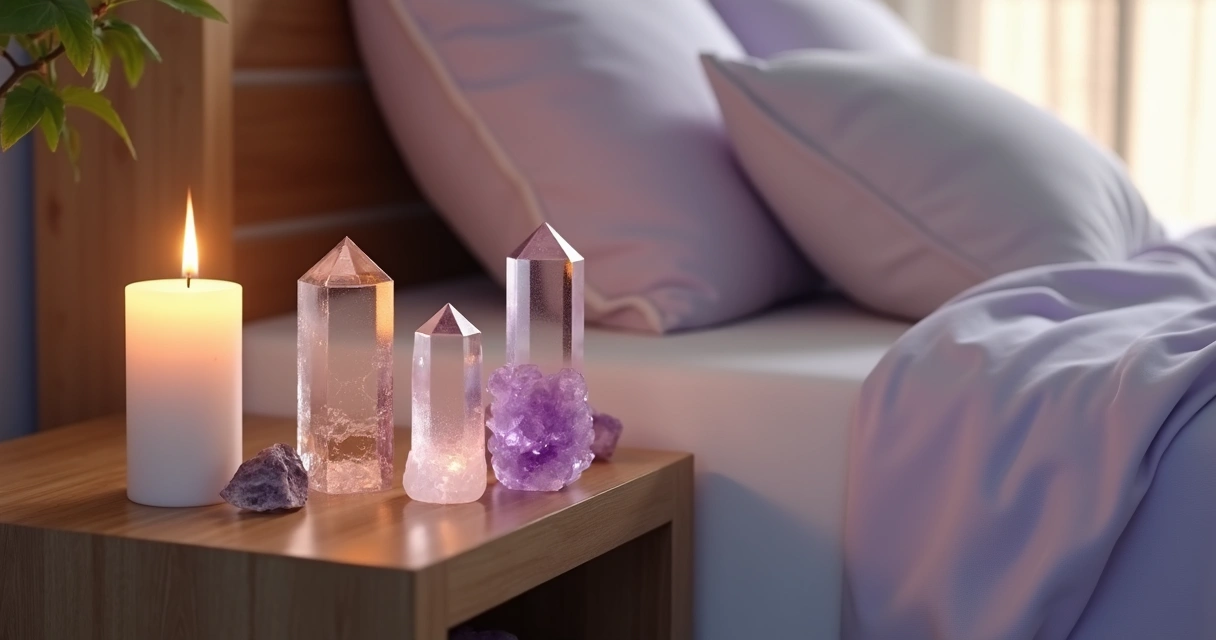 Diversos cristais lado a lado em ambiente relaxante de quarto 