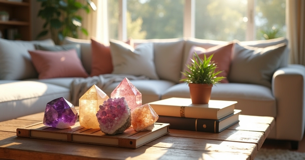 Cristais coloridos sobre mesa de madeira decorada 