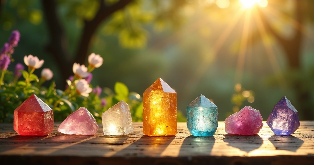 Cristais variados sobre mesa de madeira, em ambiente natural com luz do sol e flores.