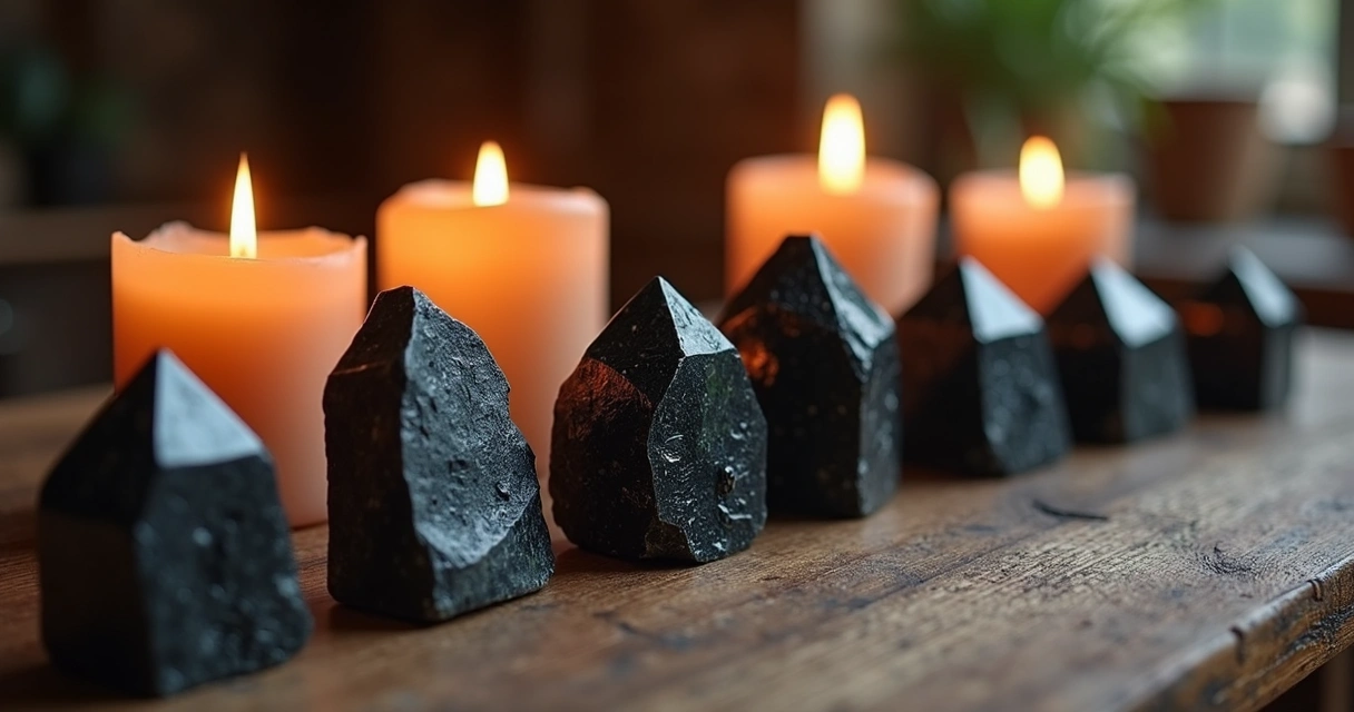 Cristais negros alinhados em uma mesa com velas acesas atrás 