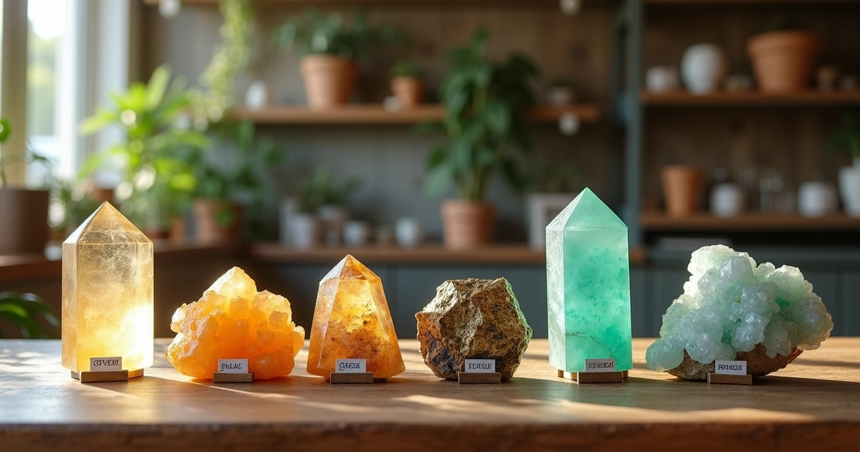 Cristais variados organizados em balcão de loja