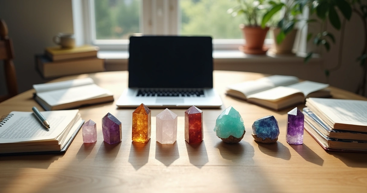 Cristais coloridos dispostos sobre uma mesa de estudo organizando livros e cadernos 