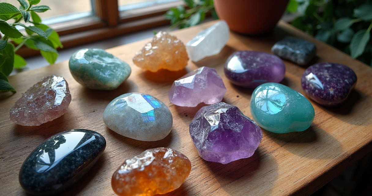 Cristais coloridos dispostos sobre mesa de madeira com luz suave 