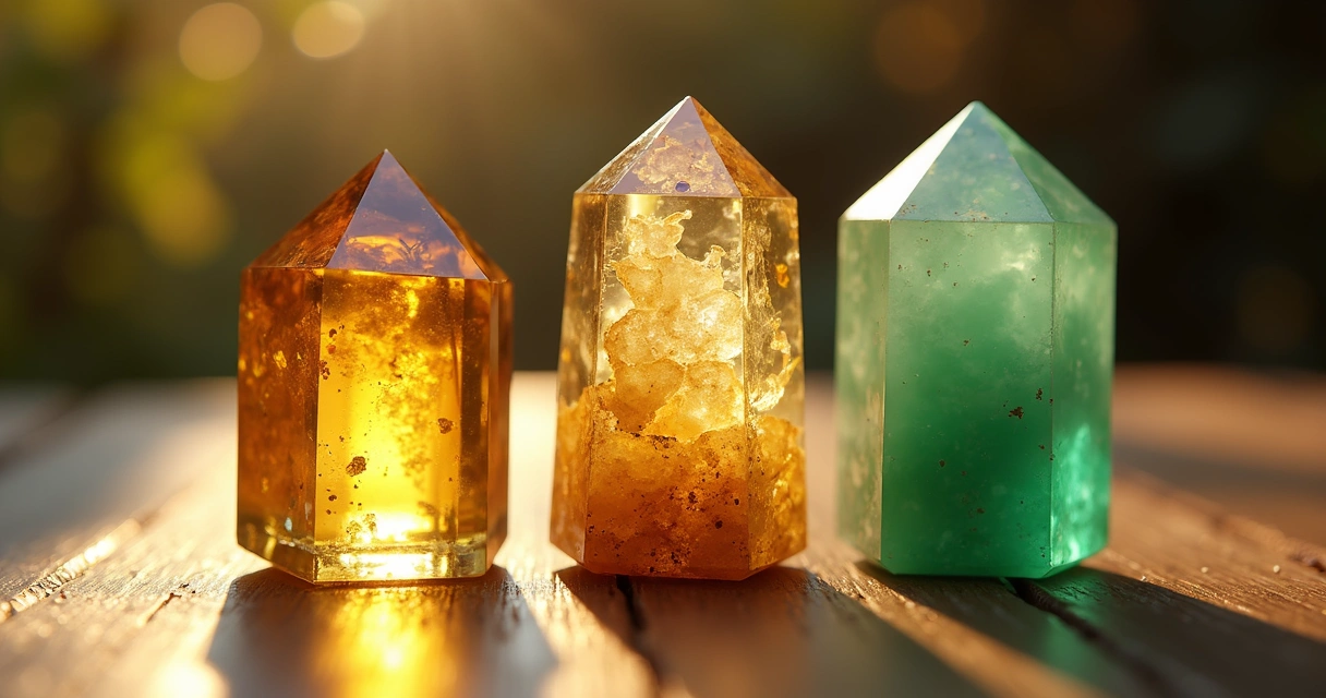 Cristais citrino, pirita e jade lado a lado