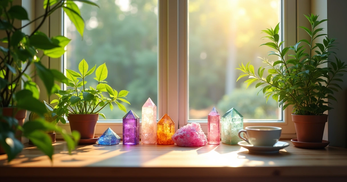 Cristais e plantas próximos à janela de uma sala