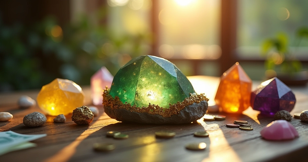 Mesa de madeira com cristais representando prosperidade: quartzo verde, pirita, jasper amarelo e ametista.