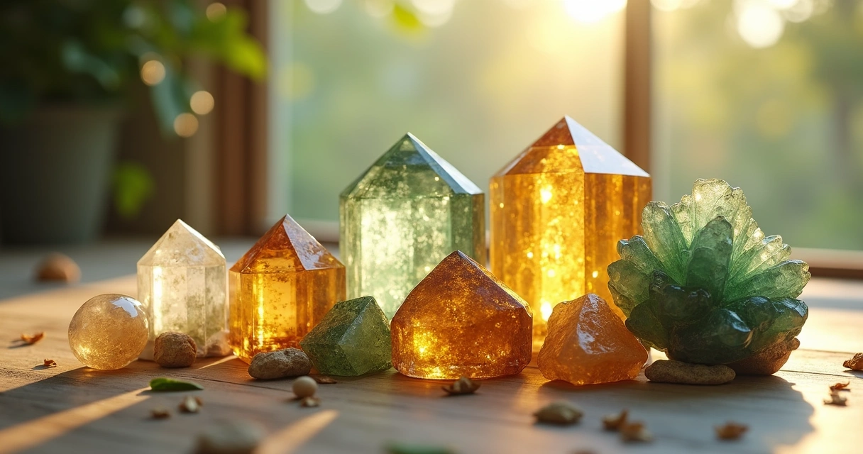 Cristais de prosperidade dispostos em cima de uma mesa de madeira iluminada pelo sol da manhã 