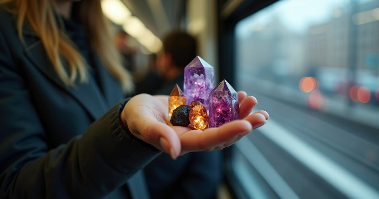 Conjunto de cristais de proteção em mão feminina em transporte público 
