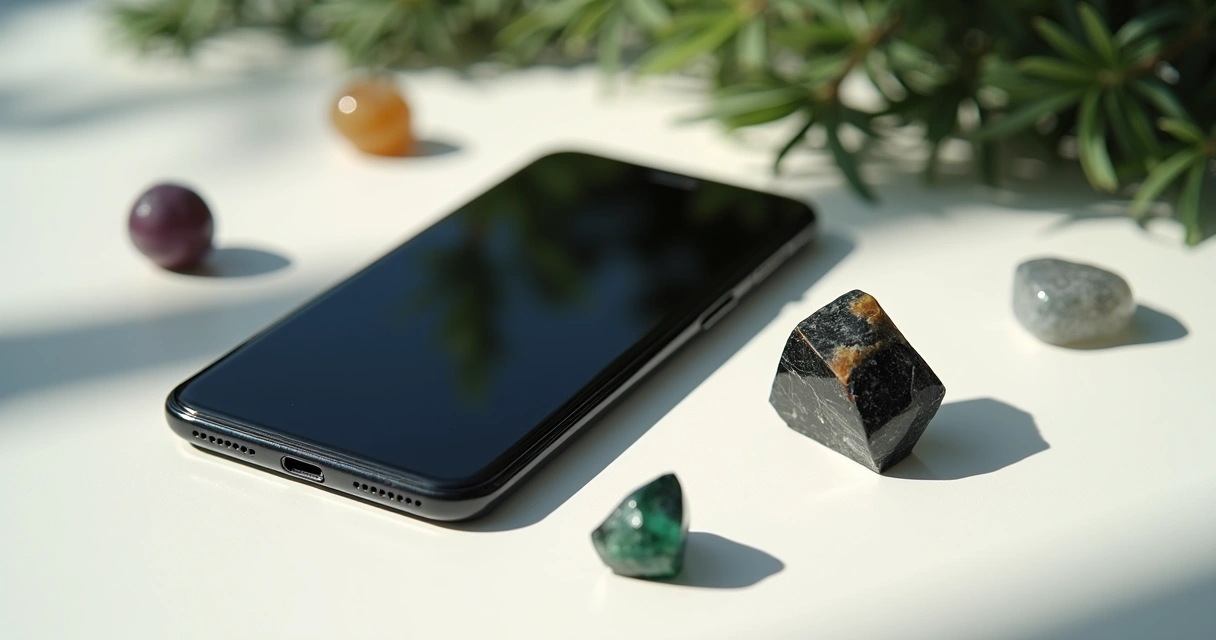 Cristais coloridos ao lado de um celular preto em superfície branca 