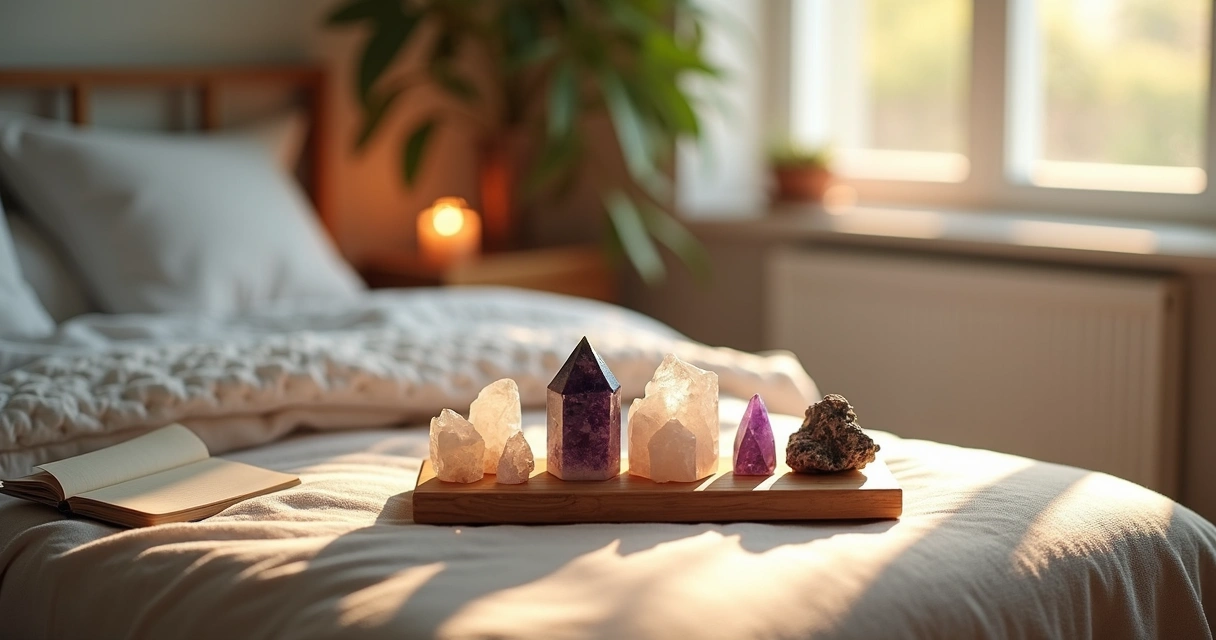 Cristais coloridos arrumados em um círculo sobre mesa de madeira 