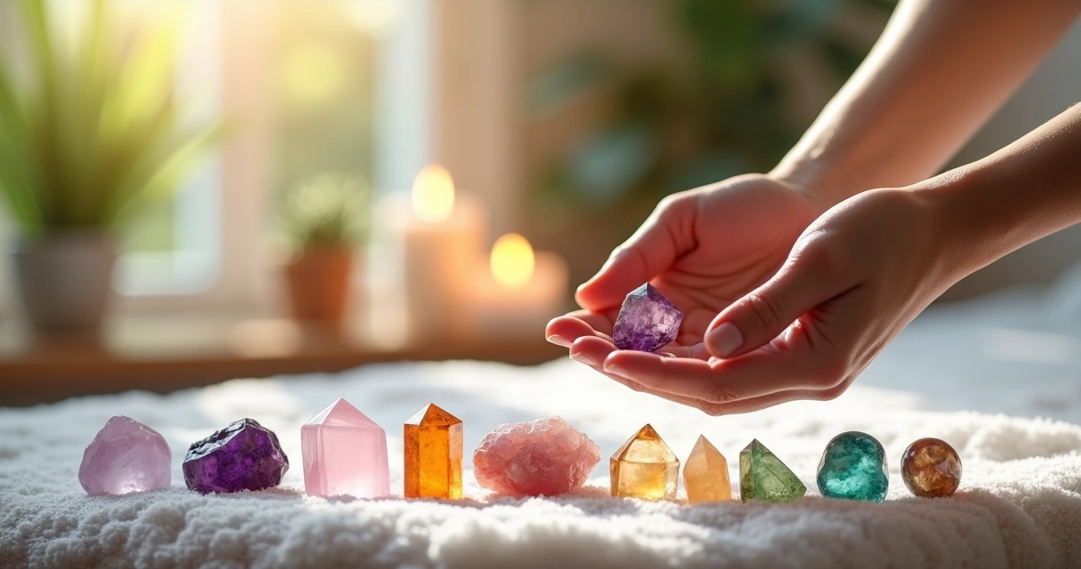 Cristais coloridos ao lado de mãos durante sessão de reiki em ambiente calmo 