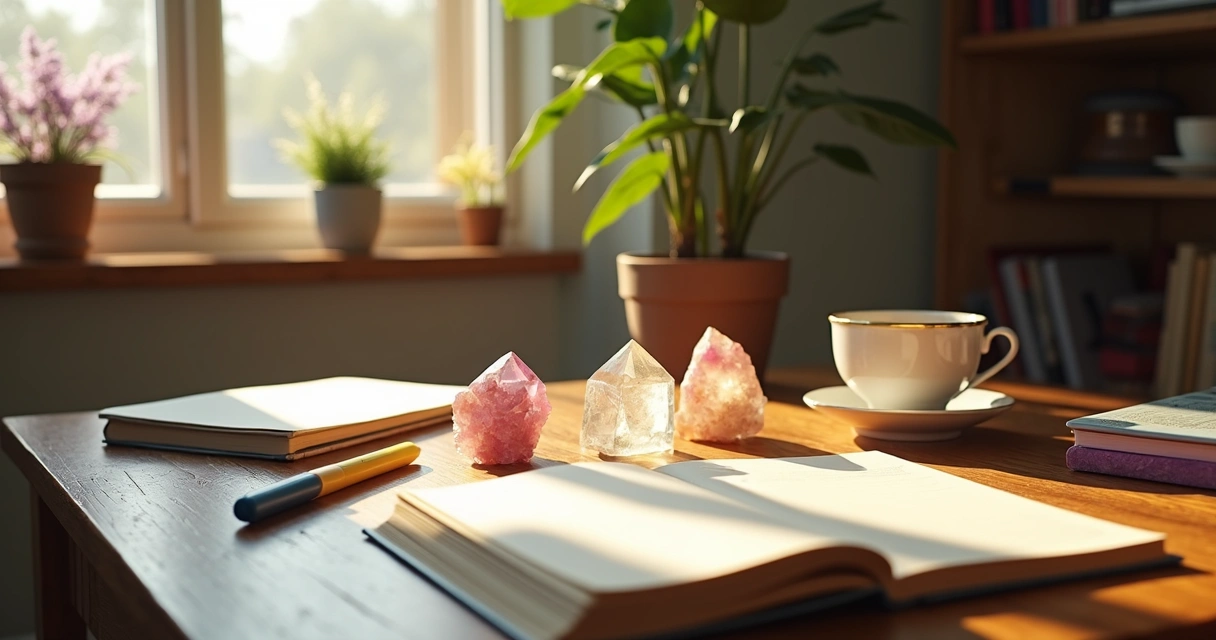 Cristais sobre mesa de estudos com livros ao fundo 