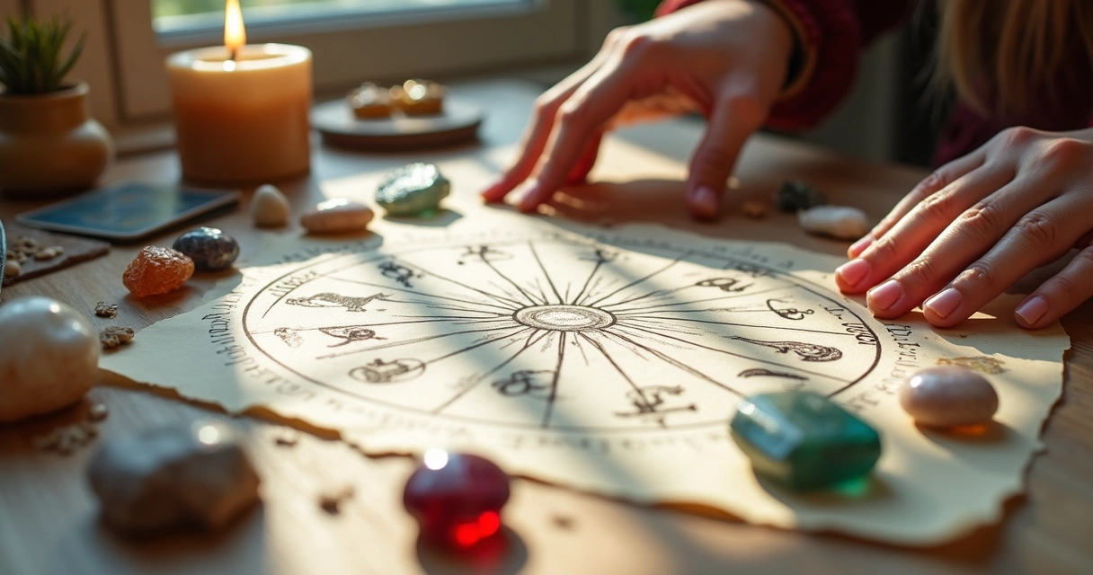 Cristais coloridos ao lado de signos do zodíaco desenhados no papel