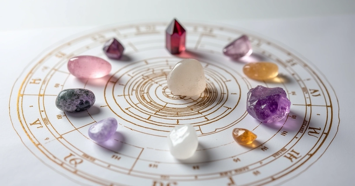 Cristais multicoloridos sobre símbolo geométrico radiônico 