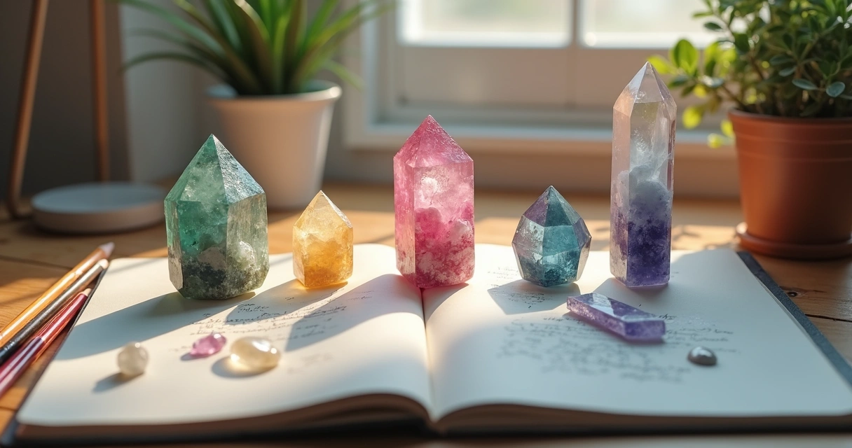 Cristais de diferentes cores e tamanhos organizados sobre uma mesa de madeira clara, ao lado de um caderno aberto, luminária pequena e lápis coloridos. 