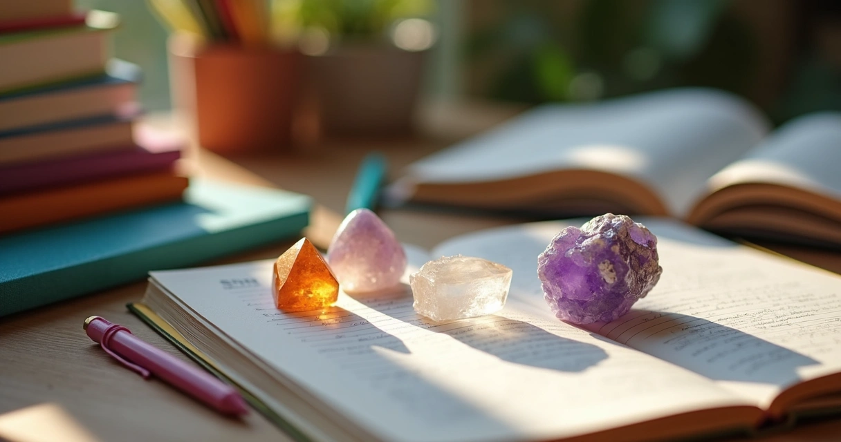 Pedras de cristal posicionadas ao lado de cadernos em uma mesa de estudo 