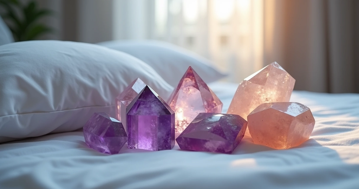 Cristais pequenos dispostos sobre travesseiro branco 