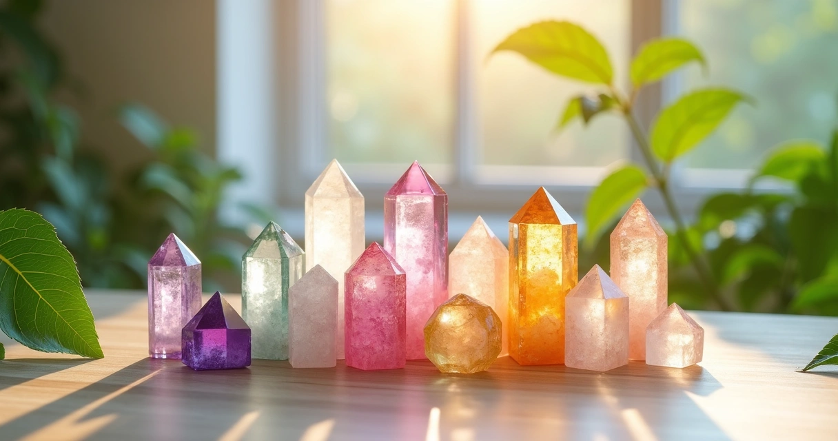 Cristais coloridos decorativos recebendo luz natural suave 